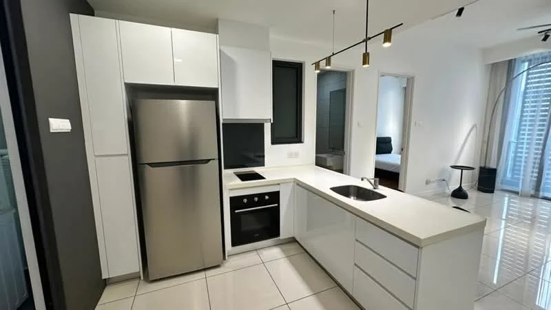Kitchen features: stainless-steel fridge, built-in oven, 4-burner gas hob, single-bowl stainless-steel sink, chrome pull-down faucet, white cabinetry, black countertop, pendant lighting, ceramic tile flooring, wall-mounted extractor hood, open shelving; style: modern.