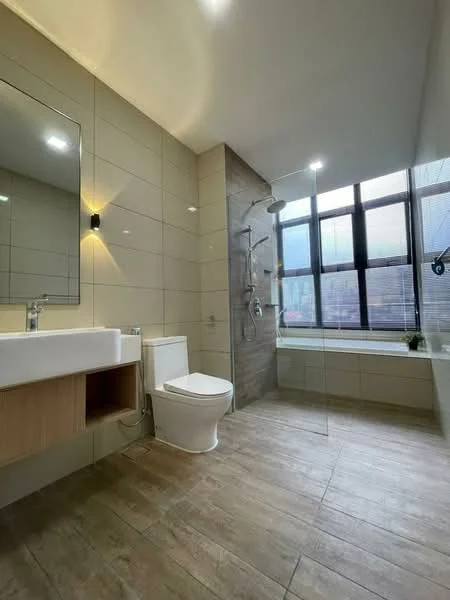 Bathroom features: white wall tiles, grey accent wall, wooden vanity with storage, single-sink vanity, chrome basin mixer faucet, large mirror with LED lighting, one-piece toilet, walk-in shower with glass enclosure, rain shower head, handheld shower, bathtub, tile flooring, window with grid design; style: modern; view: city.