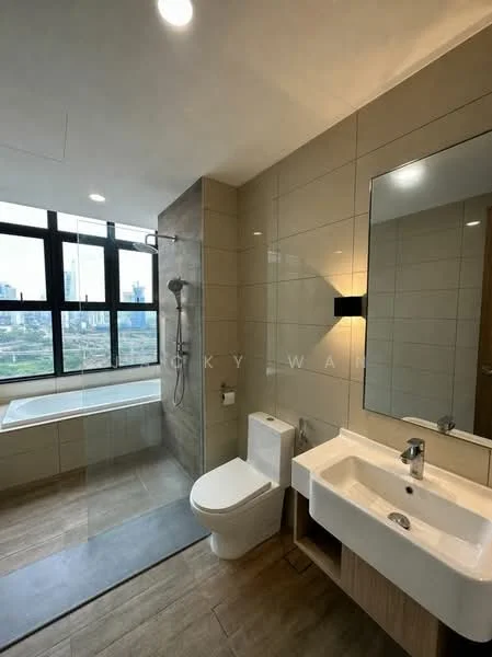 Bathroom features: bathtub, walk-in shower with glass enclosure, rain shower head, handheld shower, single-sink vanity with wood cabinet, chrome basin mixer, framed mirror, one-piece toilet, tile cladding on walls, ceramic tile flooring, recessed downlights, window with city view; style: modern; view: city.