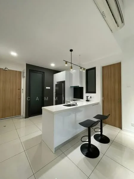Kitchen features: white cabinetry, black countertop, stainless-steel sink, chrome pull-down faucet, built-in refrigerator, built-in oven, pendant lighting, 2 black bar stools, white tiled flooring, wall-mounted split AC, dark accent wall, large windows, open layout; style: modern.