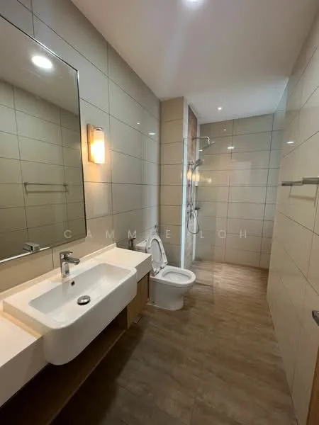 Bathroom features: single-sink vanity with wood cabinet, white rectangular sink, chrome basin mixer faucet, large framed mirror, wall-mounted toilet, walk-in shower with glass enclosure, rain shower head, tile cladding on walls, wood-look tile flooring, recessed LED downlights; style: modern.
