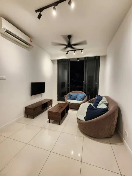 Living features: white painted walls, glossy tile flooring, 5-blade ceiling fan, wall-mounted TV, wooden coffee table, two circular bean bag chairs, floor-to-ceiling windows, curtains, recessed lighting; style: modern; view: city.