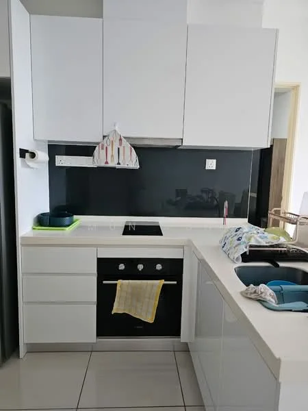 Kitchen features: white flat-panel cabinets, black glass backsplash, white countertop, built-in oven, 4-zone induction hob, single-bowl stainless-steel sink, chrome pull-down faucet, tile flooring, hanging kitchen towel, kitchen utensils on countertop, open shelving, wall-mounted paper towel holder; style: modern.