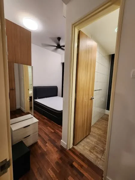 Bedroom features: wooden flooring, queen-size bed, upholstered headboard, built-in wardrobe, ceiling fan, wall-mounted mirror, nightstand, decorative wall, door leading to bathroom; style: modern. Bathroom features: tile flooring, shower area with glass enclosure, white tiled walls, modern faucet, toilet, mirror, light fixture; style: modern.