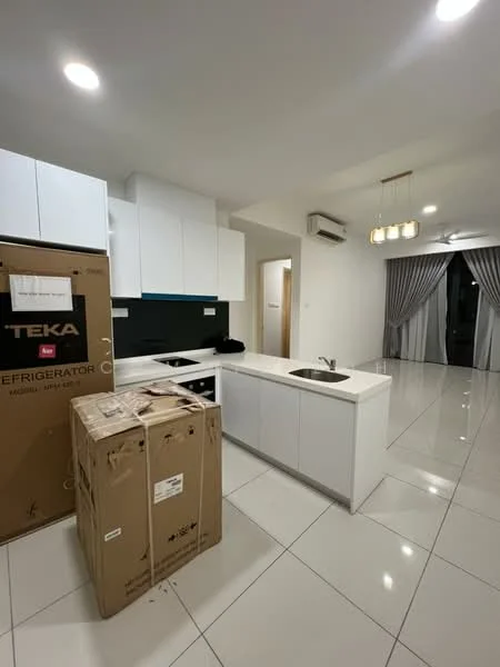Kitchen features: white cabinetry, black backsplash, single-bowl stainless-steel sink, chrome pull-down faucet, built-in oven, stainless-steel refrigerator (boxed), ceramic tile flooring, recessed downlights, 2-blade ceiling fan, window with sheer curtains; style: modern.