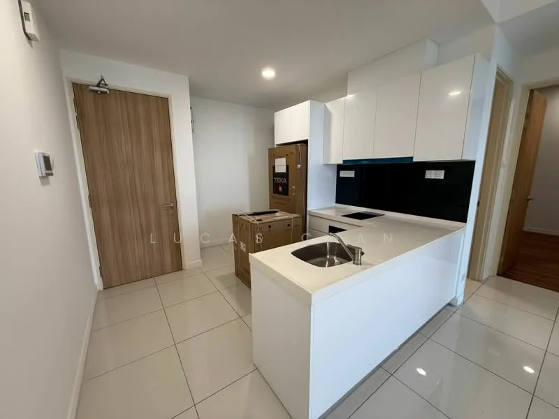 Kitchen features: white cabinetry, black backsplash, double-bowl stainless-steel sink, chrome pull-down faucet, white countertop, built-in refrigerator, tile flooring, recessed downlights; style: modern. Room features: light-colored walls, door leading to hallway, open layout.