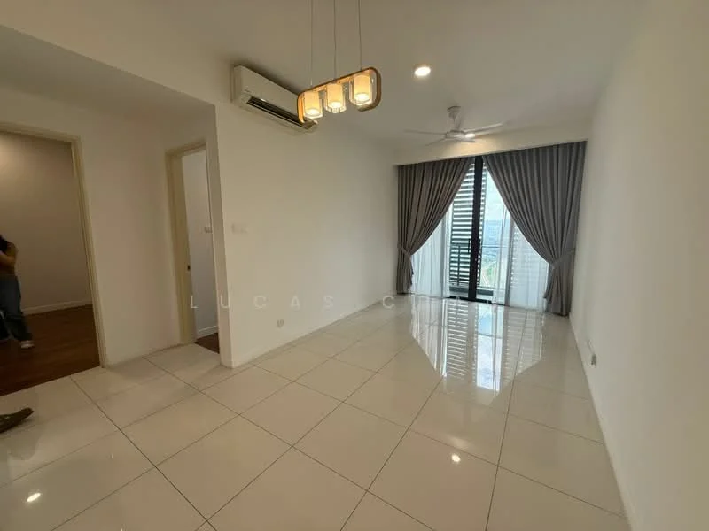 Living features: white painted walls, glossy white tile flooring, 5-blade ceiling fan with light, floor-to-ceiling windows, sliding glass door, sheer curtains, recessed downlights, wall-mounted air conditioning unit, decorative light fixture; style: modern; view: city.