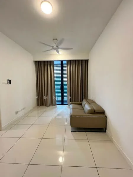 Living features: cream painted walls, white ceiling, 5-blade ceiling fan with light, floor-to-ceiling windows, sliding glass door, beige leather sofa, white tile flooring, curtains, natural light, wall-mounted light switch; style: modern; view: city.