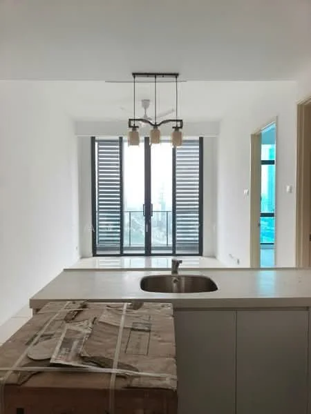 Kitchen features: single-bowl stainless-steel sink, chrome pull-down faucet, white cabinetry, countertop with light color, pendant light fixture, floor-to-ceiling windows, sliding glass door, view of city skyline, open layout, box with packaging materials; style: modern; view: city.