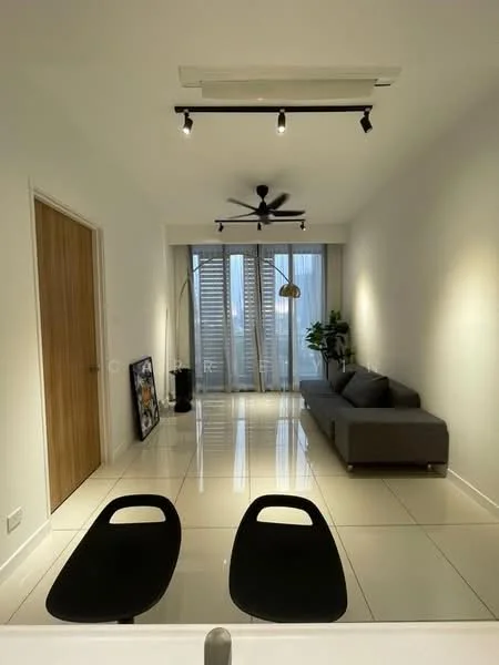 Living features: grey fabric sofa, 2 black dining chairs, white walls, glossy tile flooring, recessed LED downlights, 5-blade ceiling fan, floor-to-ceiling windows, curtains, decorative floor lamp, indoor plant, framed artwork, track lighting; style: modern.