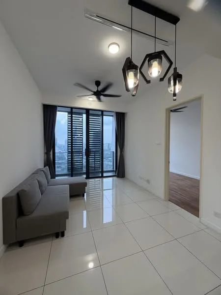 Living features: grey fabric sofa, white painted walls, glossy white tile flooring, 5-blade ceiling fan with light, hanging pendant lights, floor-to-ceiling windows, blackout curtains, city view, recessed ceiling lights; style: modern; view: city.