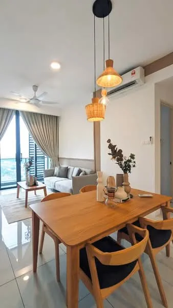 Dining features: wooden dining table, 4 wooden dining chairs, decorative vase on table, table with neutral decor, pendant lighting fixtures, recessed ceiling lights, wall-mounted split AC, floor-to-ceiling windows, curtains, light-colored walls, glossy tile flooring, sofa in background; style: modern; view: city.