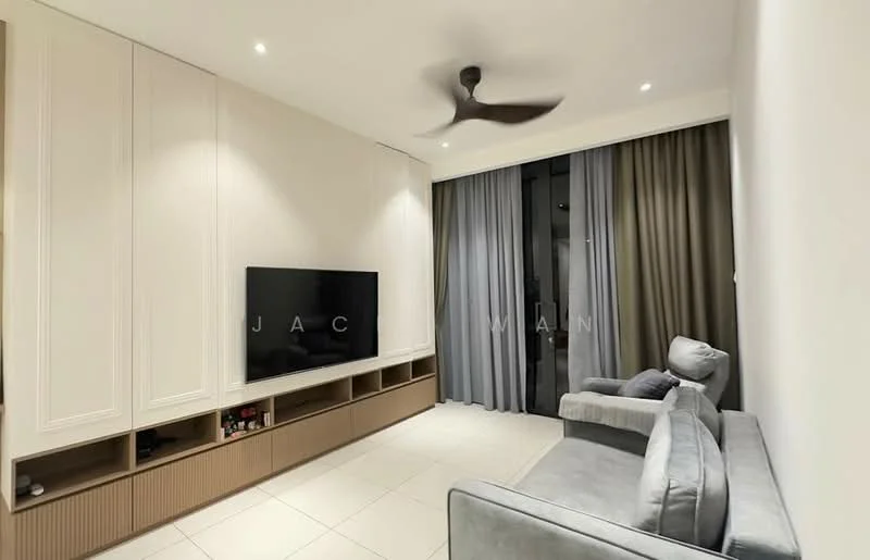 Living features: grey fabric sofa, wall-mounted TV, built-in cabinetry with wood finish, recessed downlights, 5-blade ceiling fan, floor-to-ceiling windows, sheer curtains, dark curtains, light-colored tiled flooring; style: modern.