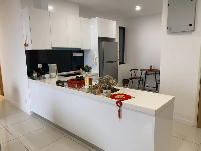 Kitchen features: white cabinetry, white countertop, black backsplash, stainless-steel fridge, built-in oven, 4-burner gas hob, single-bowl stainless-steel sink, chrome pull-down faucet, pendant lighting, tile flooring, open shelving, decorative items on countertop, small dining table with chairs; style: modern.