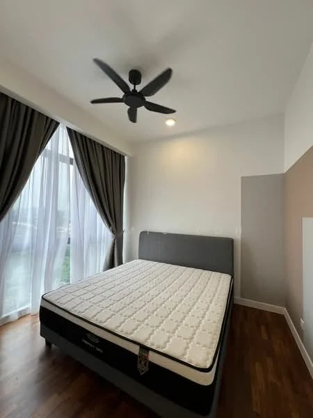 Bedroom features: queen-size bed, upholstered headboard, 5-blade ceiling fan, floor-to-ceiling windows, sheer curtains, dark wood flooring, accent wall in beige, white painted walls, decorative lighting; style: modern; view: garden.