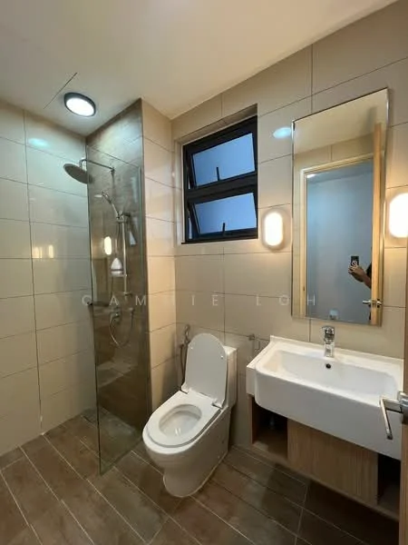 Bathroom features: walk-in shower with glass enclosure, rain shower head, handheld shower, single-sink vanity with wood cabinet, chrome basin mixer, framed mirror, one-piece toilet, tile cladding on walls, ceramic tile flooring, recessed downlights, window with black frame; style: modern.