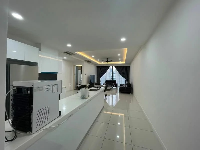 Living features: white painted walls, glossy white tile flooring, recessed downlights, ceiling fan, black leather sofa, glass coffee table, TV console, floor-to-ceiling windows with curtains, open layout, kitchen island with bar stools, stainless-steel refrigerator, air conditioning unit; style: modern; view: city. Kitchen features: white cabinetry, stainless-steel appliances, kitchen island, granite countertop, double-bowl stainless-steel sink, chrome pull-down faucet; style: modern.
