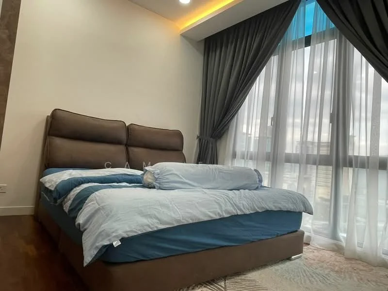 Bedroom features: king-size bed with upholstered headboard, blue bedding, floor-to-ceiling windows, sheer curtains, dark grey curtains, wooden flooring, recessed lighting, decorative area rug; style: modern; view: city.
