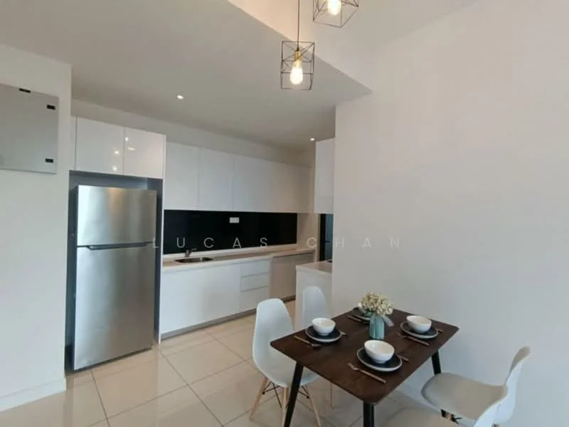 Kitchen features: white cabinetry, black backsplash, stainless-steel fridge, built-in oven, ceramic tile flooring, recessed downlights, pendant lighting, dining table with four chairs, countertop, sink, open layout; style: modern.