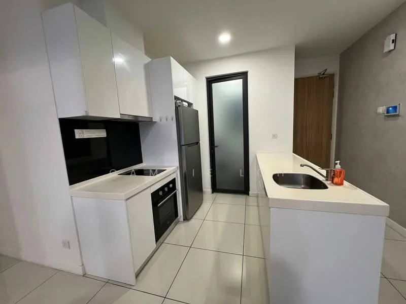 Kitchen features: white cabinetry, stainless-steel fridge, built-in oven, 4-burner gas hob, single-bowl stainless-steel sink, chrome pull-down faucet, white quartz countertop, black backsplash, tile flooring, recessed downlights, sliding glass door, wall-mounted intercom, grey accent wall; style: modern.