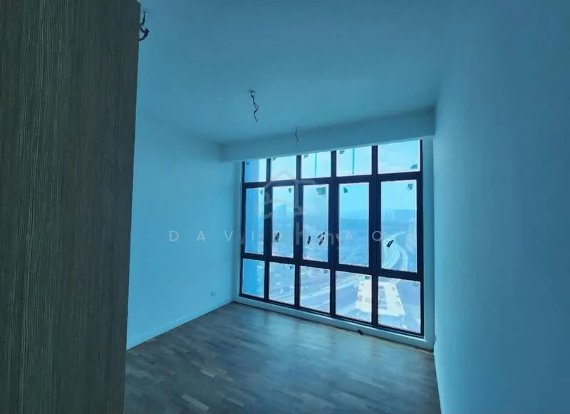 Room features: large floor-to-ceiling windows, wooden flooring, plain white walls, city view, minimalist lighting fixtures, unfurnished space; style: modern; view: city.