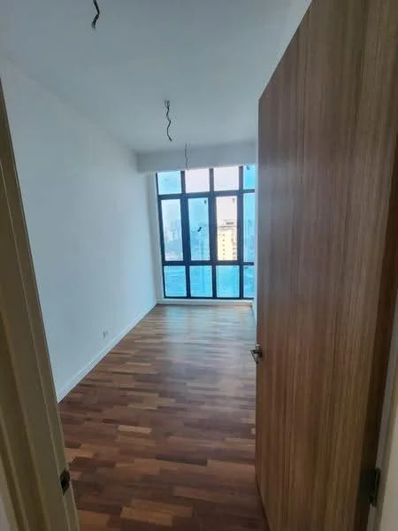 Room features: wooden flooring, white painted walls, floor-to-ceiling windows, city view, single wooden door, hanging light fixtures; style: modern; view: city.
