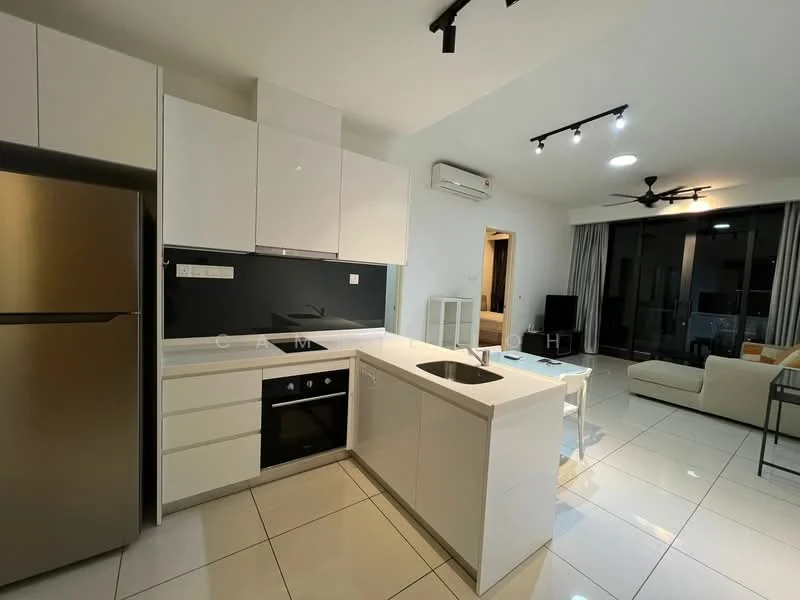 Kitchen features: white cabinetry, stainless-steel fridge, built-in oven, 4-burner gas hob, single-bowl stainless-steel sink, chrome pull-down faucet, black backsplash, white countertop, tile flooring, recessed downlights, wall-mounted split AC; style: modern. Living features: 3-seater fabric sofa, coffee table, TV console, wall-mounted TV, ceiling fan, sliding glass door, curtains; style: modern.
