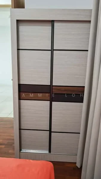 Room features: sliding wardrobe door, wood paneling, light wood finish, dark wood accent, minimalist design; style: modern.