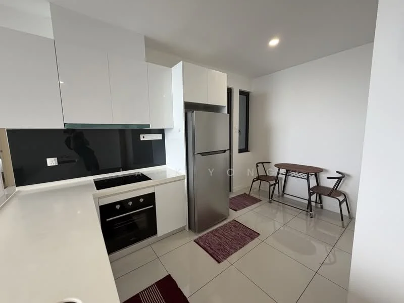 Kitchen features: white high-gloss cabinetry, black glass backsplash, stainless-steel fridge, built-in oven, 4-burner gas hob, white countertop, ceramic tile flooring, recessed downlights, 2-seater dining table, 2 wooden chairs, area rug, window with natural light; style: modern.