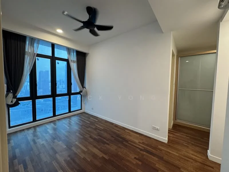 Room features: wooden flooring, white painted walls, floor-to-ceiling windows, blackout curtains, 5-blade ceiling fan, recessed downlights; style: modern; view: city.