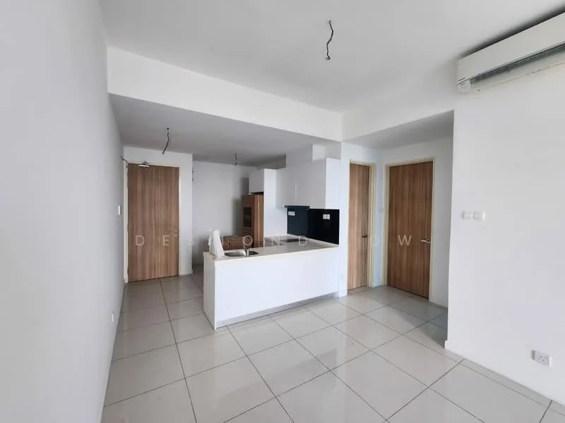 Kitchen features: white painted walls, glossy ceramic tile flooring, kitchen island with seating, built-in cabinetry, black countertop, stainless-steel sink, chrome pull-down faucet, recessed downlights, air conditioning unit, open layout, doorway to hallway, doorway to additional rooms; style: modern.