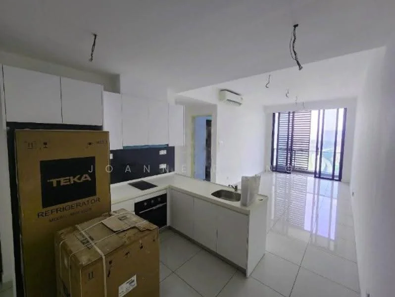 Kitchen features: white cabinetry, black backsplash, stainless-steel sink, built-in oven, stainless-steel stove, refrigerator, white countertop, tile flooring, floor-to-ceiling windows, air conditioning unit, unpacked boxes; style: modern.