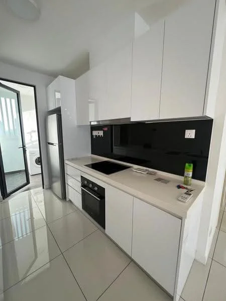Kitchen features: white cabinetry, black backsplash, stainless-steel fridge, built-in oven, 4-burner electric hob, white countertop, ceramic tile flooring, recessed downlights, open shelving, kitchen sink, modern faucet; style: modern.