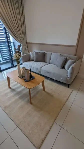 Living features: 3-seater fabric sofa in light grey, wooden coffee table, area rug in beige, floor-to-ceiling windows, sheer curtains, decorative vase with flowers, decorative items on coffee table, neutral painted walls, tile flooring; style: modern.