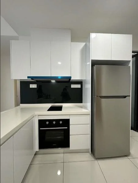 Kitchen features: white glossy cabinetry, stainless-steel fridge, built-in oven, 4-zone induction hob, black glass backsplash, white countertop, under-cabinet lighting, ceramic tile flooring, recessed downlights; style: modern.