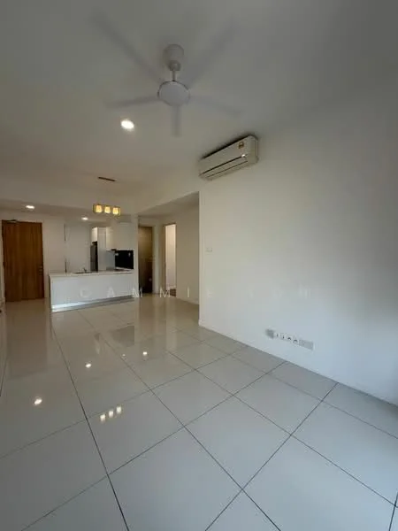 Living features: white painted walls, glossy ceramic tile flooring, 5-blade ceiling fan with light, recessed LED downlights, wall-mounted split AC, open layout, large windows, neutral color palette; style: modern.