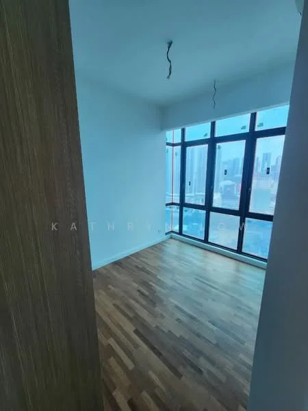 Room features: wooden flooring, white painted walls, floor-to-ceiling windows, city view, two pendant lights, corner room, natural light, open layout; style: modern; view: city.