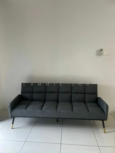 Room features: grey fabric sofa, 3-seater sofa, square tufted design, metal legs with gold finish, white tiled flooring, plain white walls, wall-mounted intercom, minimalist decor; style: modern.