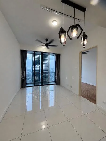 Living features: white painted walls, glossy ceramic tile flooring, 5-blade ceiling fan, 3 pendant lights, floor-to-ceiling windows, blackout curtains, city view, recessed downlights; style: modern; view: city.