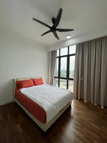 Bedroom features: king-size bed with red bedding, wooden flooring, white painted walls, 5-blade ceiling fan in black, floor-to-ceiling windows, sheer curtains, dark grey curtains, natural light from windows; style: modern; view: city.
