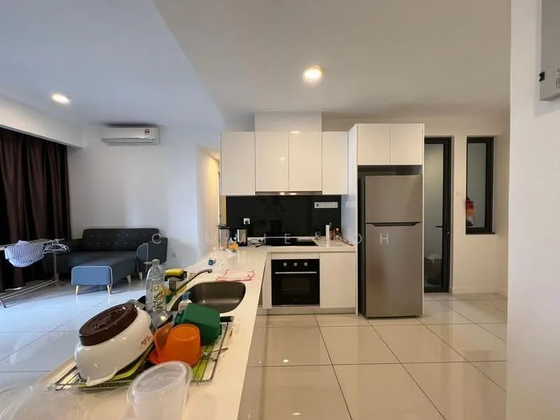 Kitchen features: white cabinetry, black backsplash, stainless-steel fridge, built-in oven, 4-burner gas hob, single-bowl stainless-steel sink, chrome pull-down faucet, white countertop, tile flooring, recessed downlights, open shelving, kitchen island, dish rack, various kitchen utensils; style: modern. Living features: grey fabric sofa, wall-mounted split AC, blackout curtains, light-colored walls, tile flooring; style: modern.