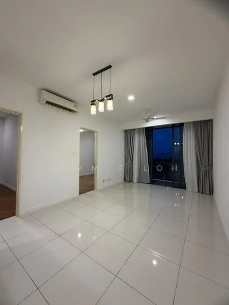 Living features: white painted walls, glossy white tile flooring, 5-blade ceiling fan with light, recessed downlights, sliding glass door, floor-to-ceiling windows, sheer curtains, air conditioning unit, hanging pendant lights; style: modern; view: city.