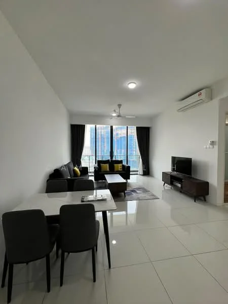 Living features: white painted walls, glossy white tile flooring, 5-blade ceiling fan with light, floor-to-ceiling windows, blackout curtains, sofa in dark grey, yellow accent cushions, coffee table, TV console in dark wood, wall-mounted TV, area rug with geometric pattern, dining table with 4 grey chairs; style: modern; view: city.