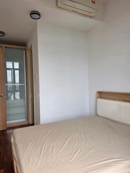 Bedroom features: wooden flooring, white painted walls, ceiling-mounted light fixture, wall-mounted air conditioning unit, queen-size bed, sliding glass door to closet, window with city view; style: modern; view: city.