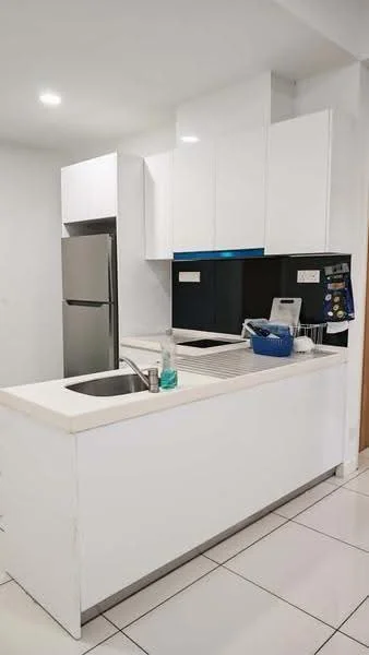 Kitchen features: white cabinetry, stainless-steel fridge, single-bowl stainless-steel sink, chrome pull-down faucet, white countertop, tile flooring, recessed downlights, black backsplash, built-in oven, dishwasher, open shelving; style: modern.