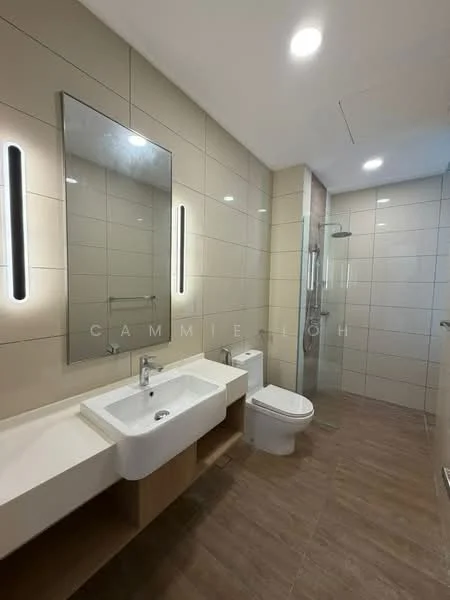 Bathroom features: single-sink vanity with wood cabinet, white ceramic sink, chrome basin mixer faucet, framed mirror, walk-in shower with glass enclosure, rain shower head, one-piece toilet, tile cladding on walls, wood-look tile flooring, recessed LED downlights, towel rail; style: modern.