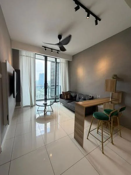 Living features: grey accent wall, white painted walls, polished ceramic tile flooring, 5-blade ceiling fan with light, floor-to-ceiling windows, sliding glass door, sofa in grey fabric, round glass coffee table, wooden dining table, 2 green upholstered bar stools, TV mounted on wall; style: modern; view: city.