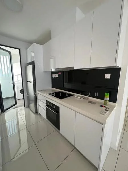 Kitchen features: white flat-panel cabinets, black backsplash, stainless-steel fridge, built-in oven, 4-burner gas hob, single-bowl stainless-steel sink, chrome pull-down faucet, white countertop, ceramic tile flooring, recessed downlights, open shelving, kitchen appliances, window with sheer curtains; style: modern.
