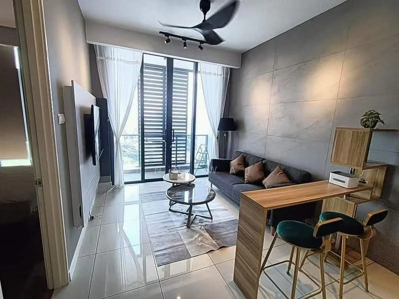 Living features: grey accent wall, white painted walls, polished ceramic tile flooring, 5-blade ceiling fan with light, floor-to-ceiling windows, sheer curtains, sofa in dark grey, coffee table with glass top, area rug with geometric pattern, wooden side table, bar counter with two stools; style: modern; view: city.