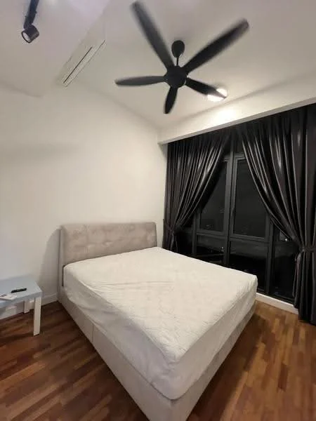 Bedroom features: queen-size bed, upholstered headboard, black ceiling fan, floor-to-ceiling windows, blackout curtains, wooden flooring, white painted walls, nightstand; style: modern; view: city.
